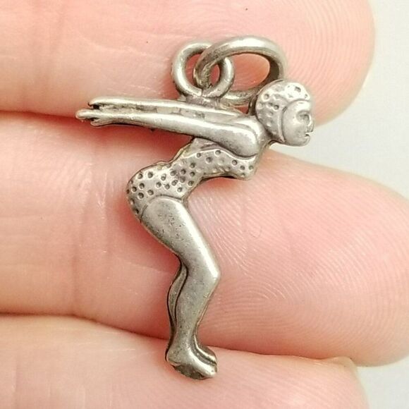 Vintage Woman Diving Pendant Charm, Bathing Suit, Silver Tone, Swimming - Picture 1 of 7